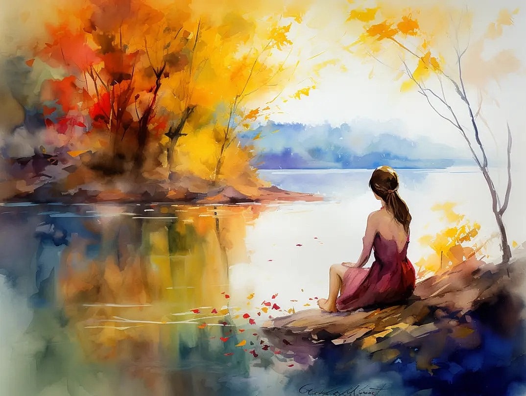 Woman by a colorful autumn lake.
