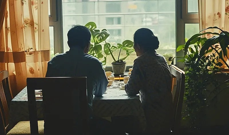 Couple sharing a quiet moment at table.