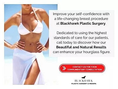 Breast procedure advertisement for Blackhawk Plastic Surgery.