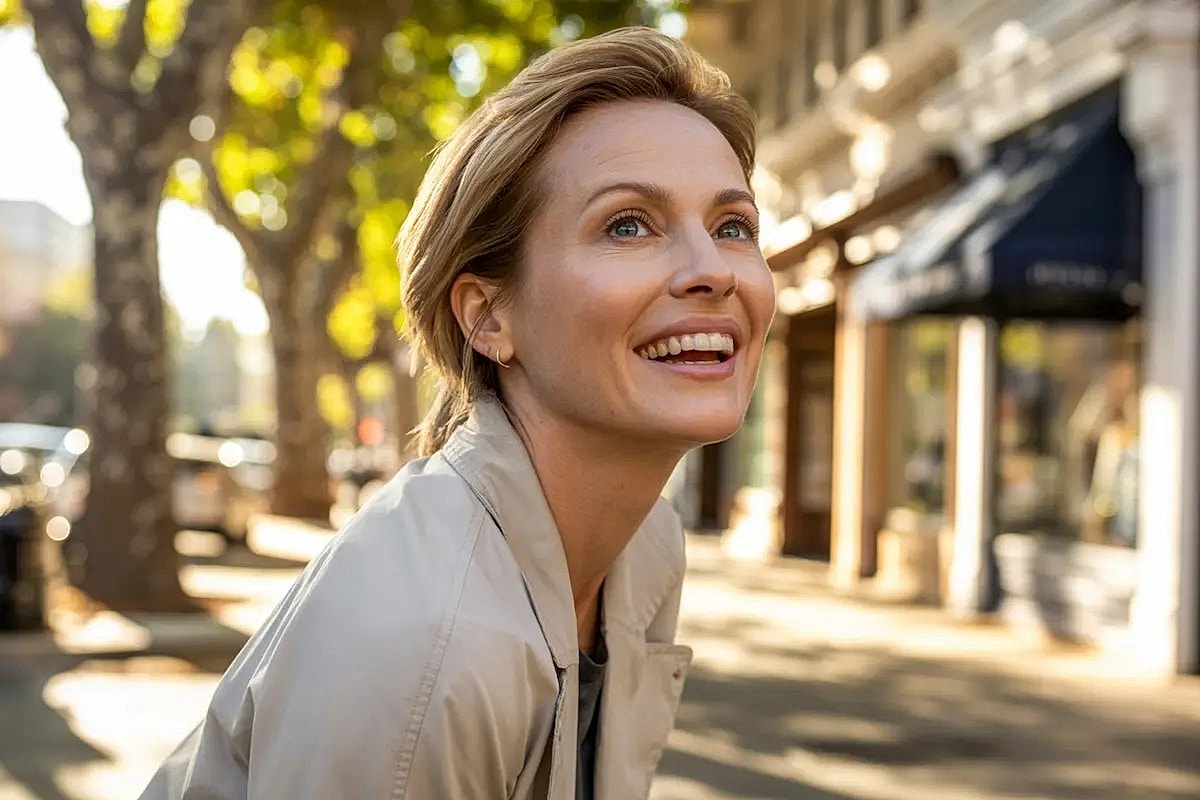 Smiling woman outdoors in a sunny urban setting.