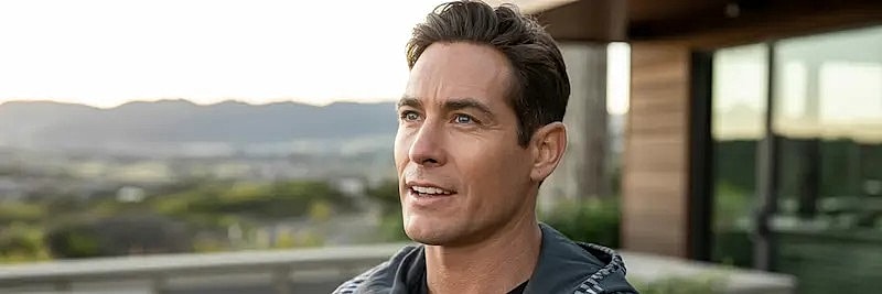 Man smiling outdoors with mountain backdrop.