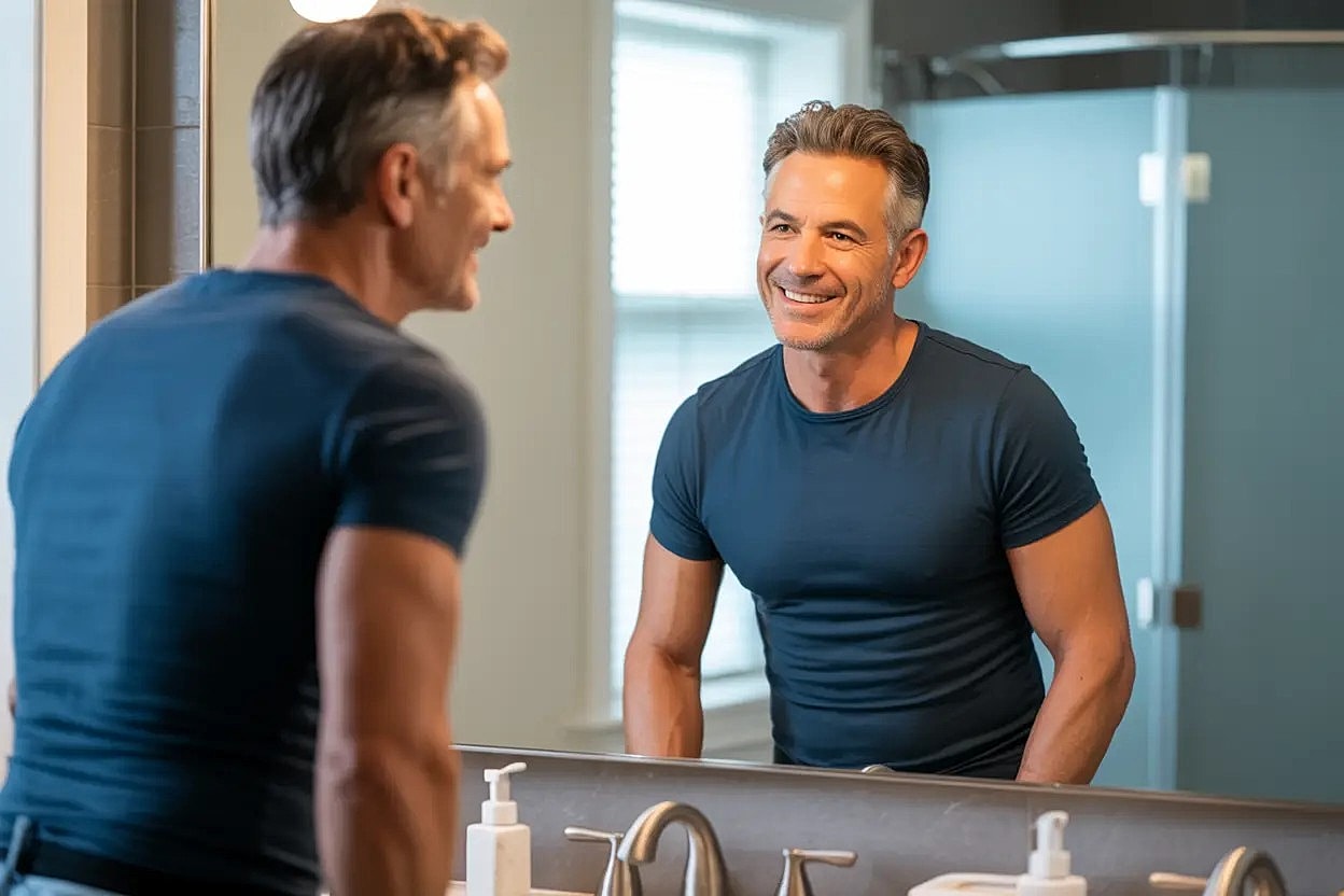 Man smiling at his reflection in mirror.
