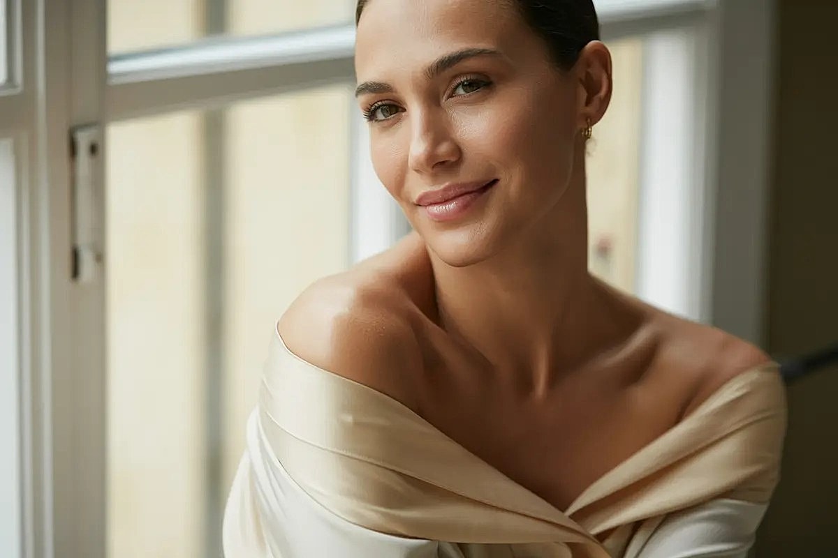 Smiling woman with elegant hairstyle and outfit.