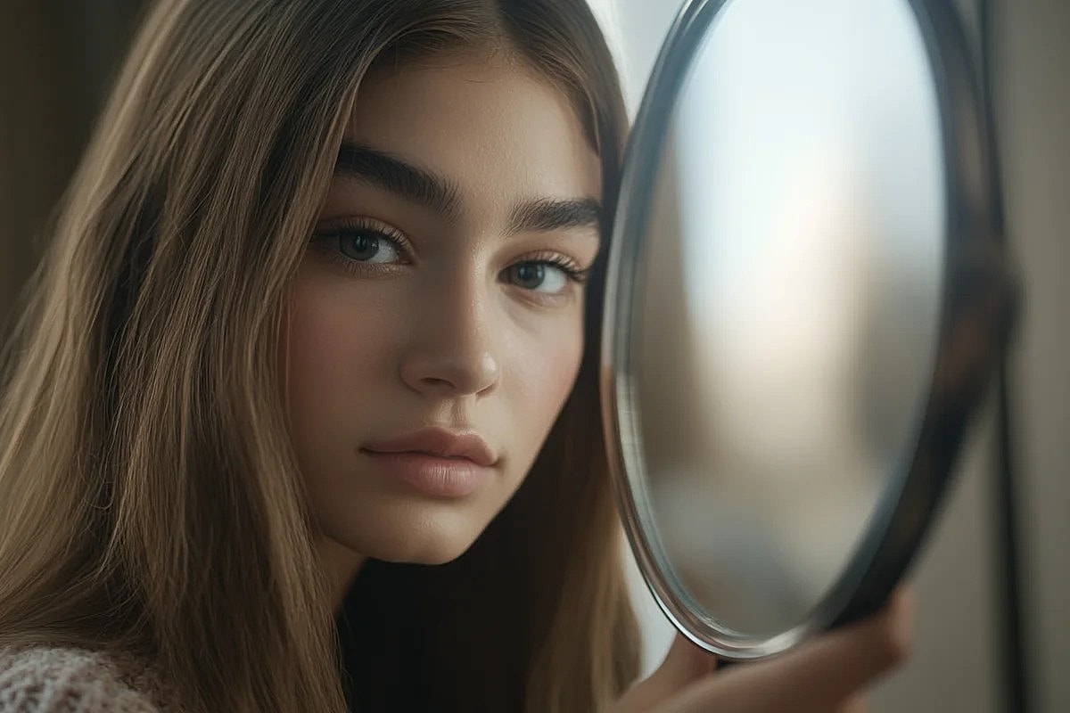 Person gazing into a handheld mirror.