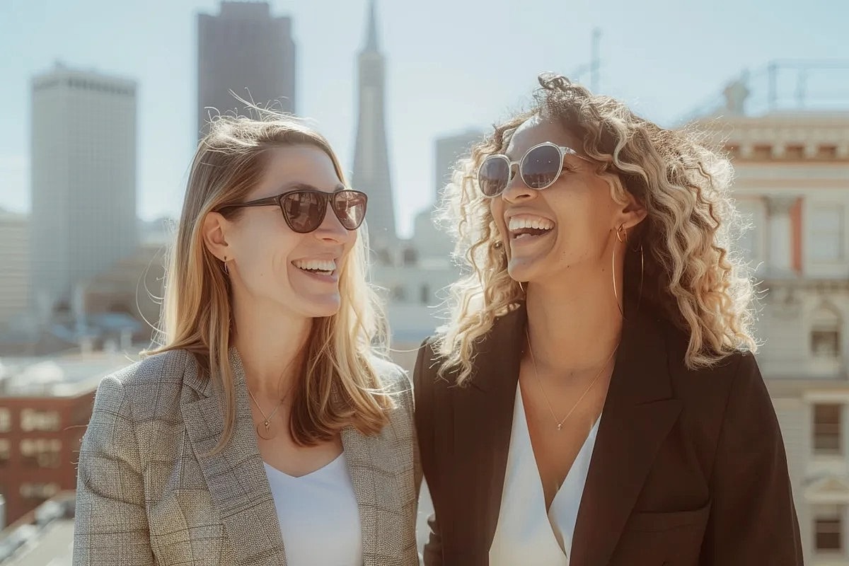 Two women laughing with city backdrop.