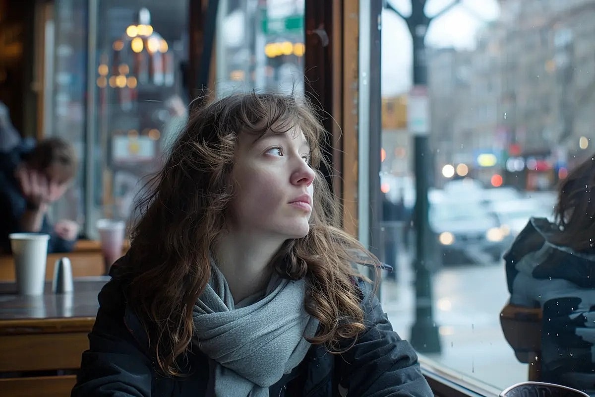 Woman gazing thoughtfully out of a café window.