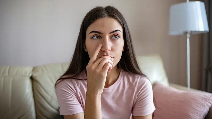 Thoughtful woman sitting on couch, finger on chin.