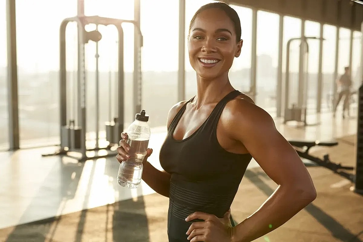 Smiling woman holding water bottle in gym.