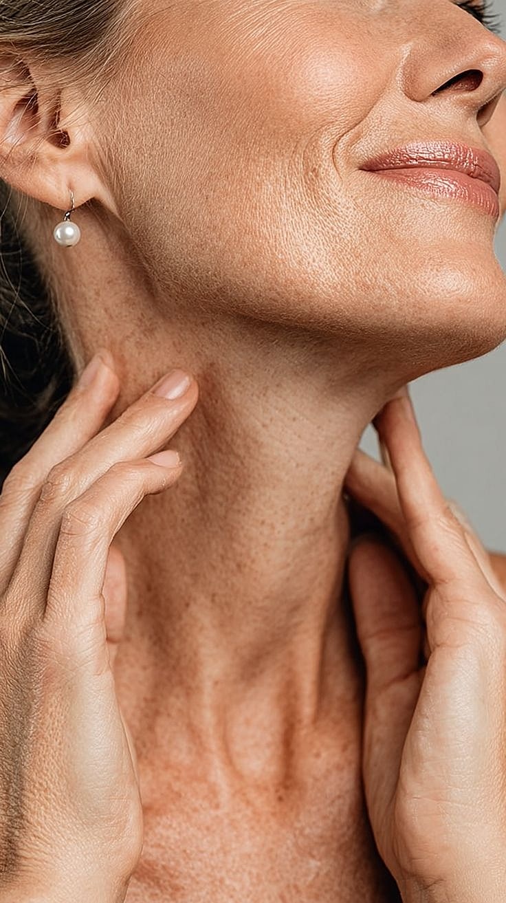 Close view of a mature neck and chest with natural lines and pigmentation
