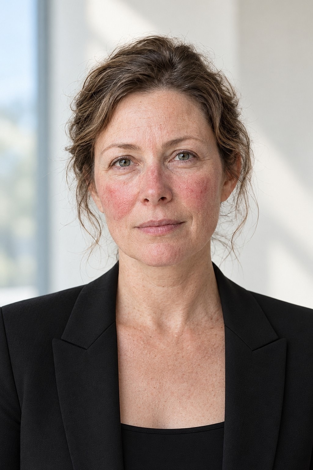 Illustrative portrait of a woman with visible cheek and nose redness.