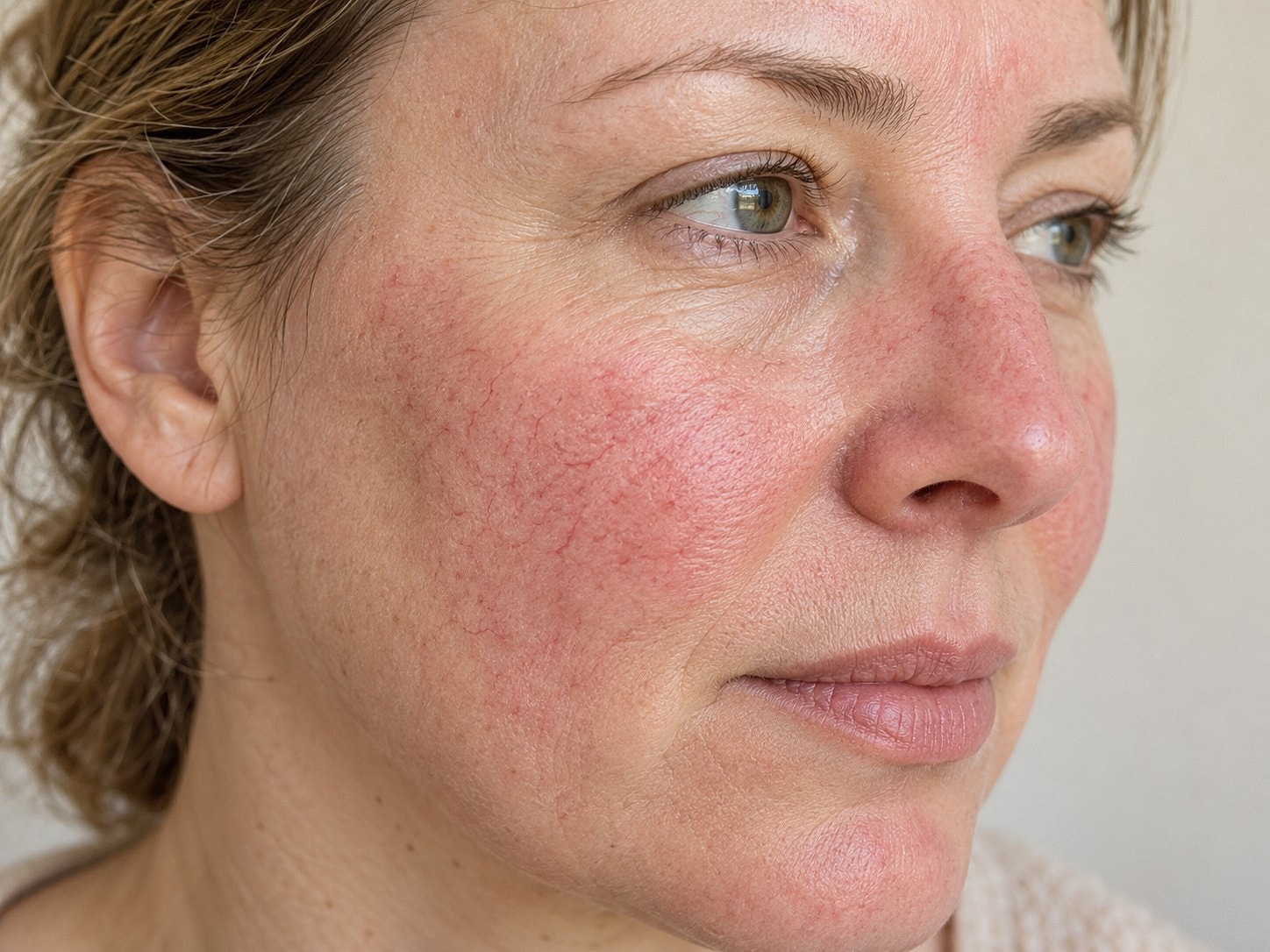 Illustrative close-up showing facial redness and natural skin texture.