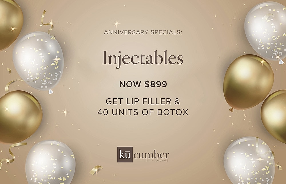 Anniversary injectables special with balloons and confetti.