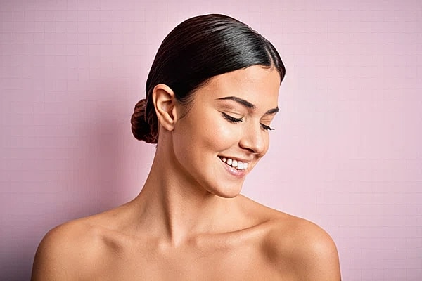 A profile shot of a woman smiling and showing the results of IPL treatments.