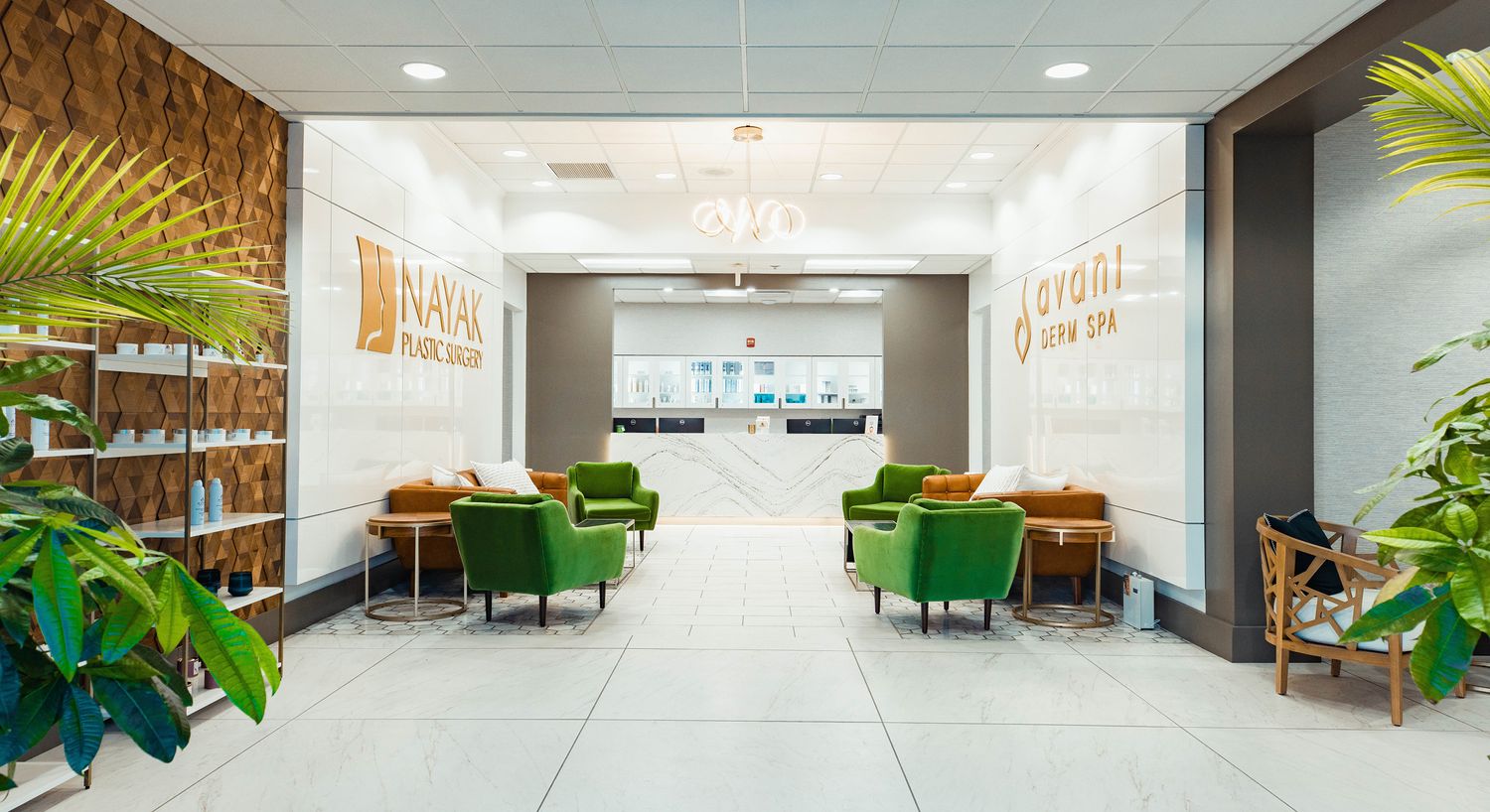 Modern medical office interior with seating area.