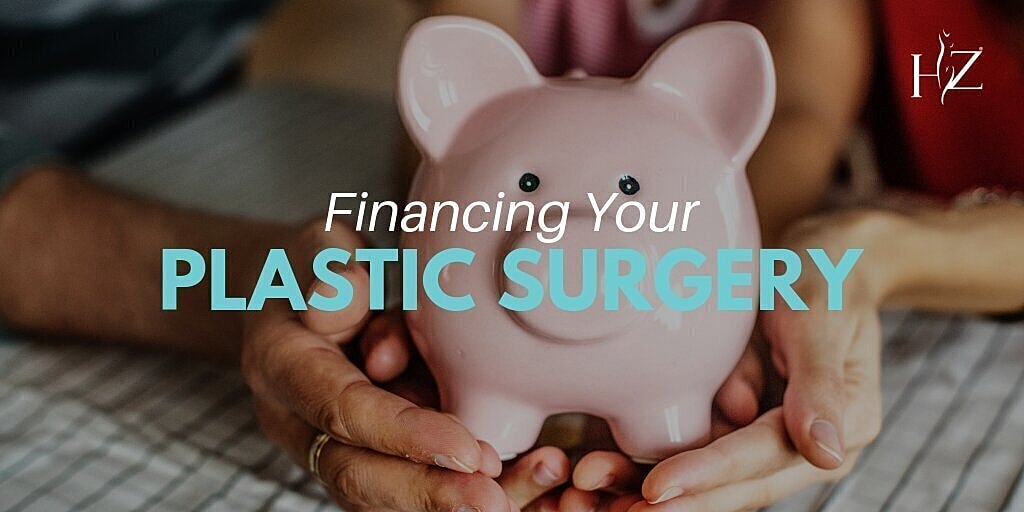 plastic surgery patient model holding a piggy bank in her hands