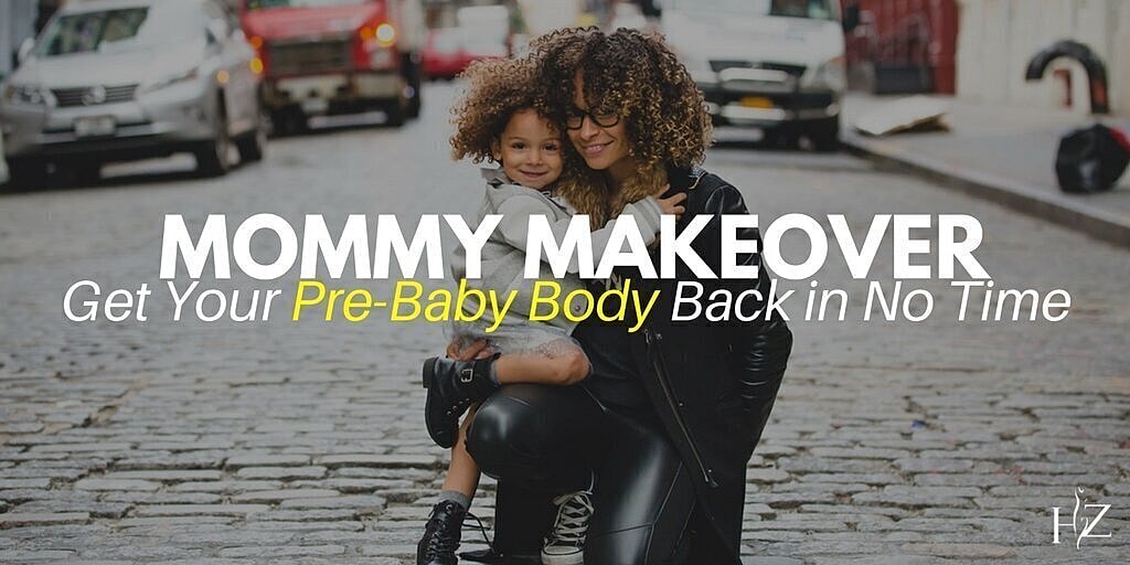 mommy makeover patient model hugging her child