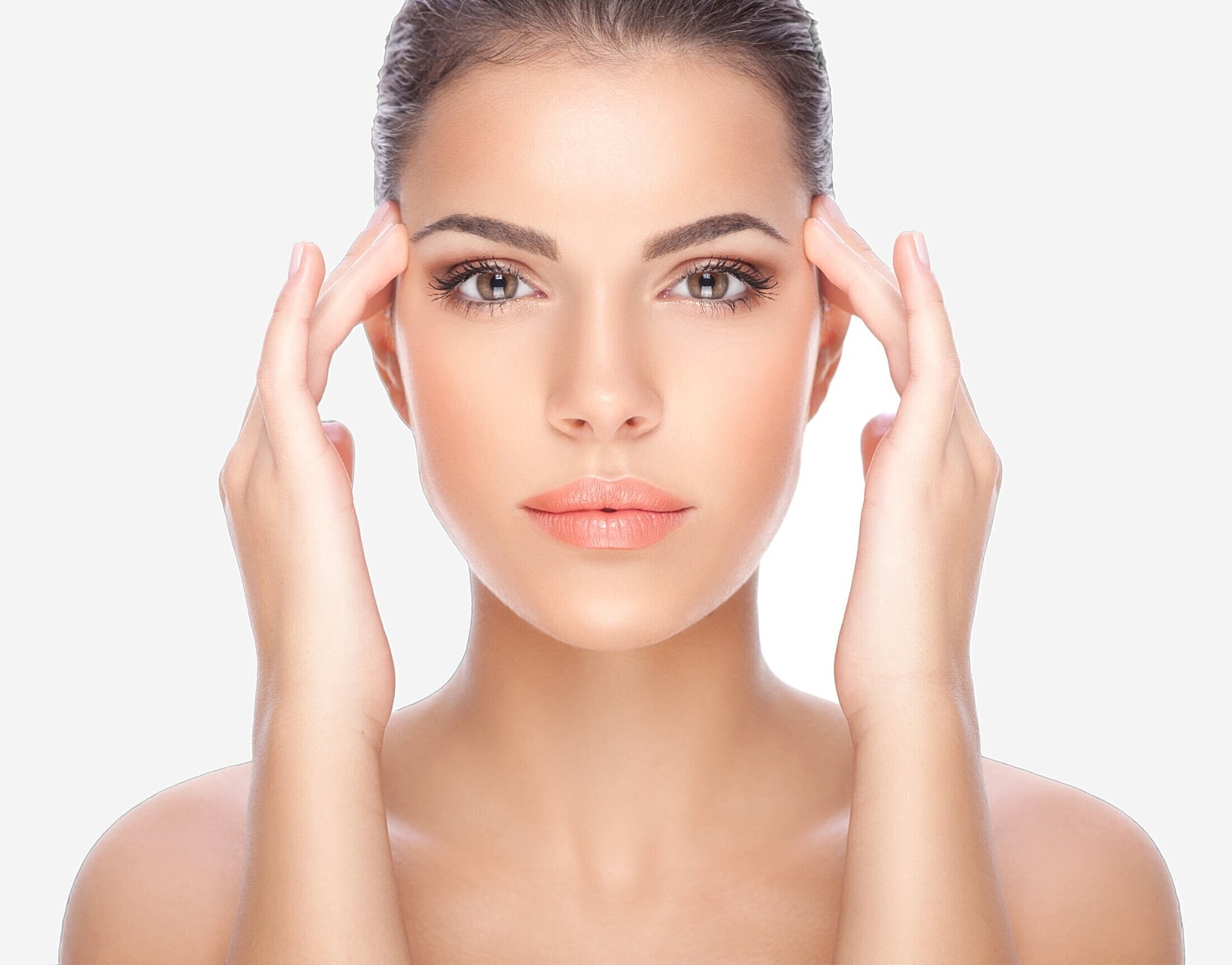 blepharoplasty patient model touching her temples