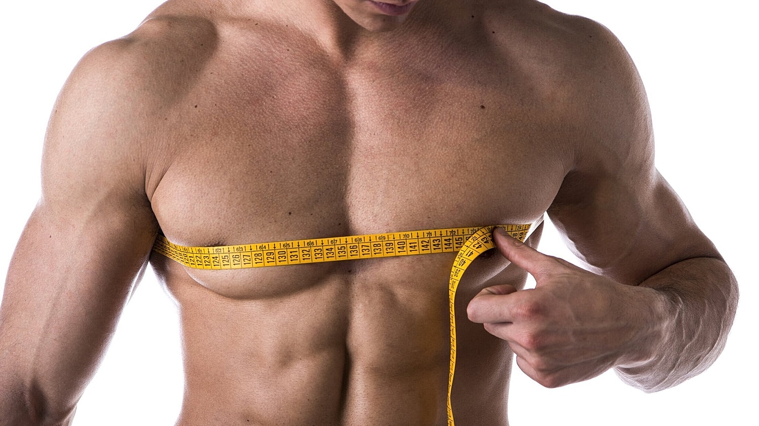 man measuring his chest with measuring tape