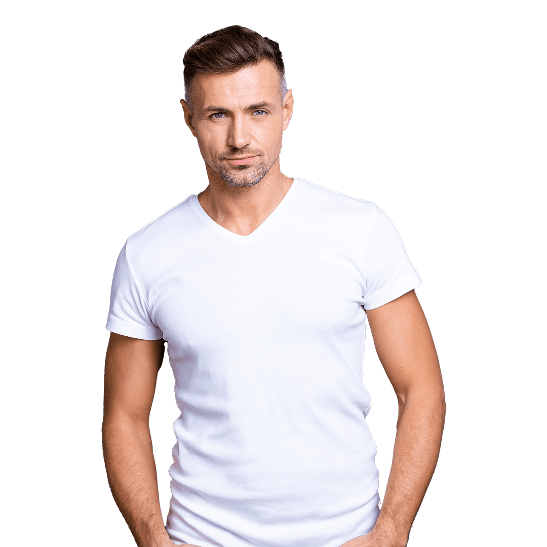 Man in white t-shirt with serious expression.