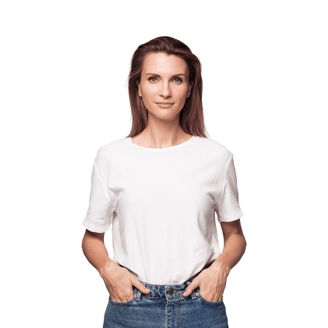 Woman in white shirt with hands in pockets.