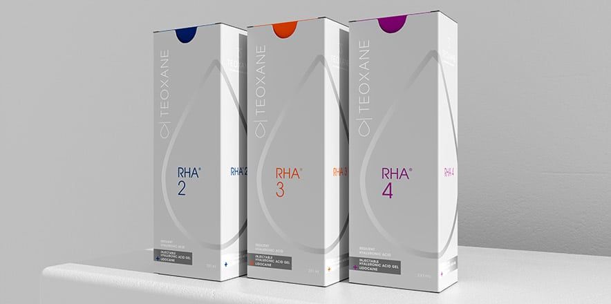 Teoxane RHA product boxes display different formulations.