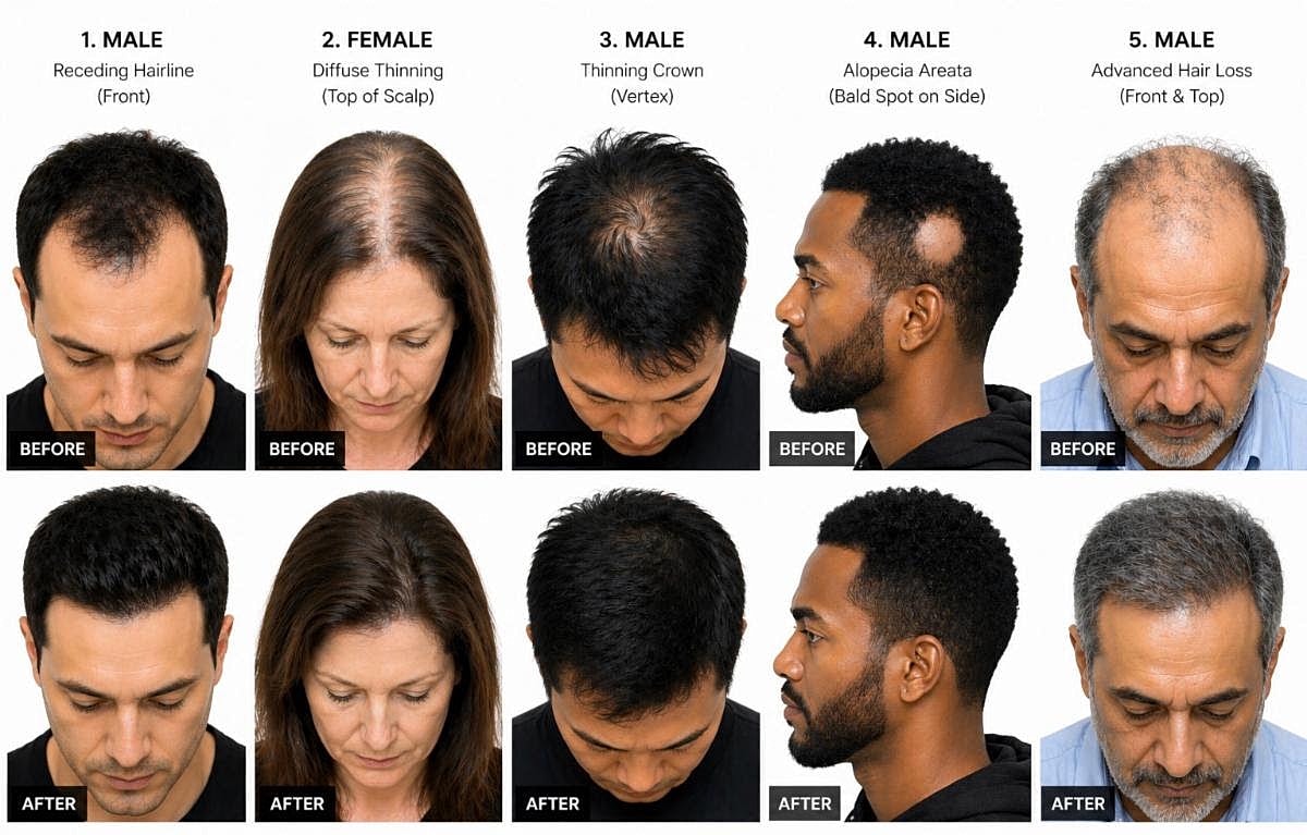 Hair loss treatment before and after comparisons.